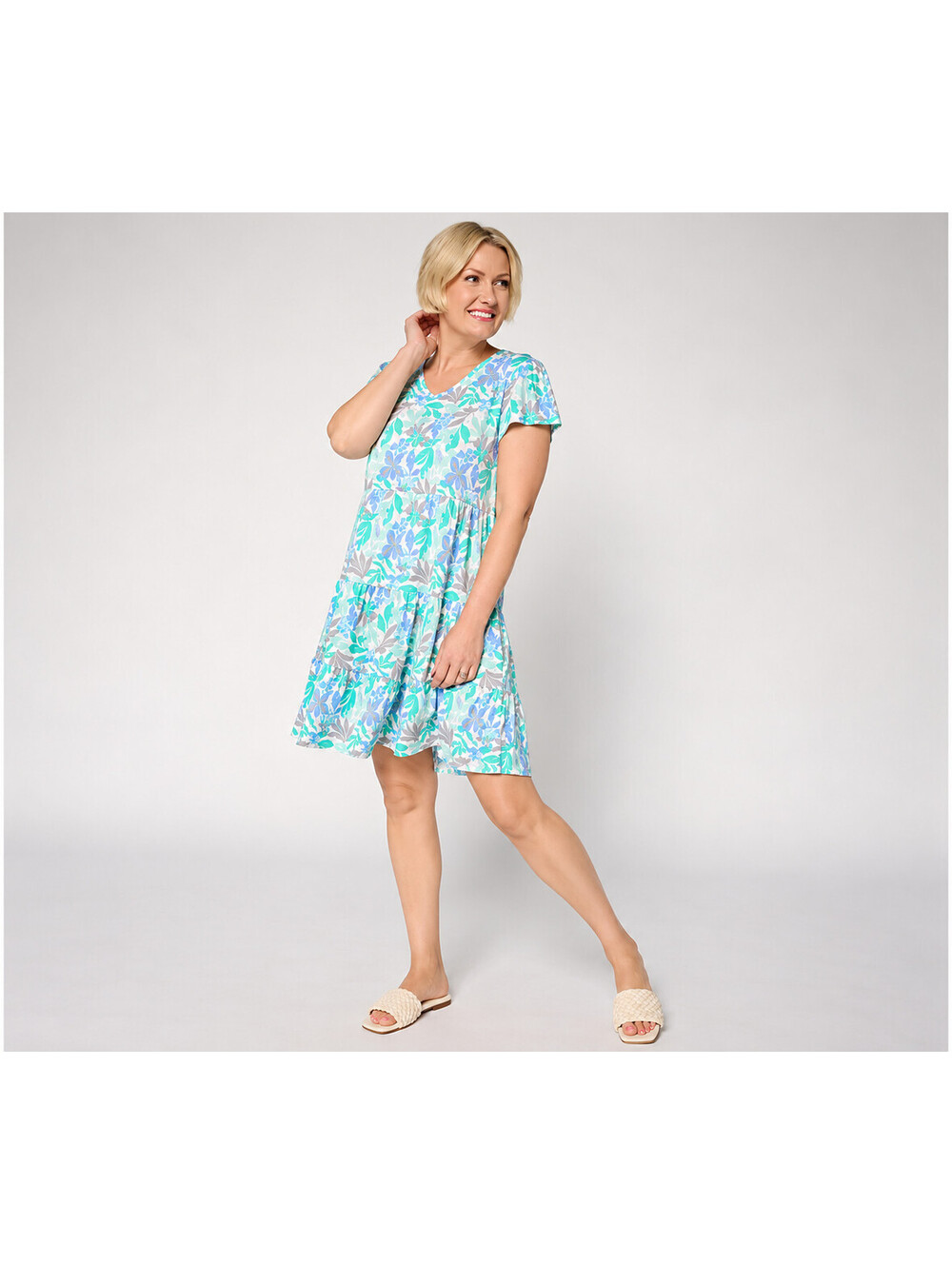 MUK LUKS Cloud Knit Ruffle Detail Short Sleeve Dress Island Palm, Size 1X